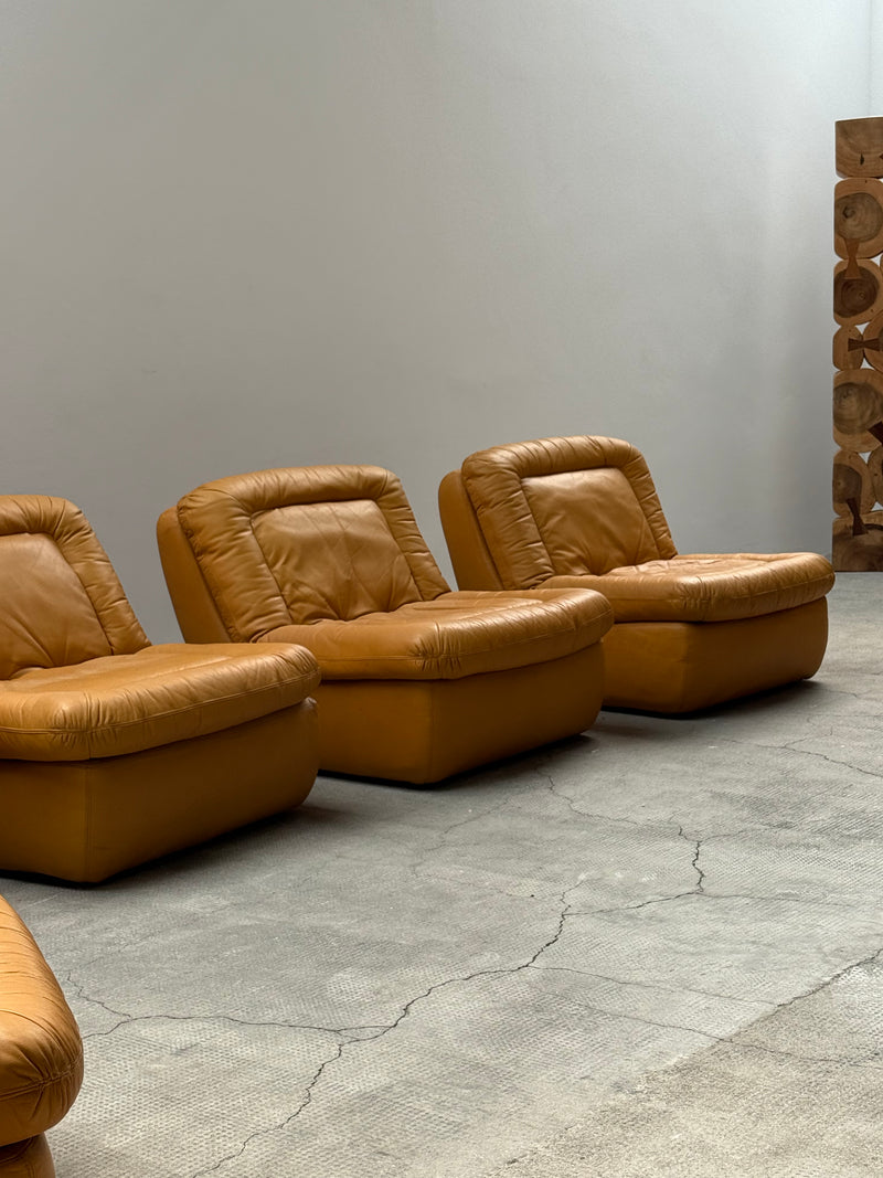 DREIPUNKT MODULAR SECTIONAL SOFA ARMCHAIRS LEATHER YELLOW, GERMANY 1970s