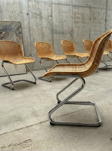 SET OF 6 RATTAN CANE CANTILEVER CHAIRS WITH CHROMED TUBULAR STEEL FRAME, ITALY 1970s