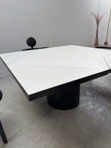 VICO MAGISTRETTI „PAN“ 4 LEATHER DINING CHAIRS & ERWIN NAGEL „QUADRONDO“ DINING TABLE ASH WOOD, 1980s