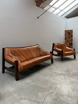 BRAZILIAN DESIGN ARMCHAIR & SOFA  OAK WOOD CAMEL LEATHER, 1970s