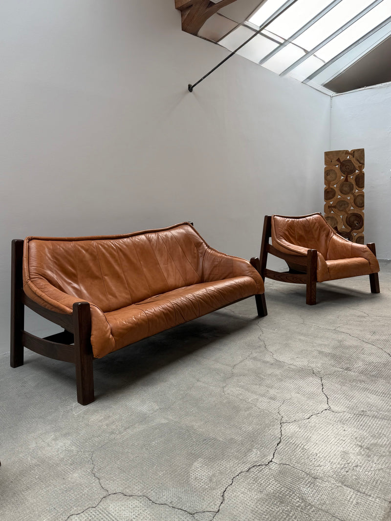 BRAZILIAN DESIGN ARMCHAIR & SOFA  OAK WOOD CAMEL LEATHER, 1970s