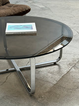 BROWN SUEDE & CANVAS LOUNGE CHAIRS IN CHROMED STEEL FRAME & COFFEE TABLE, 1960s