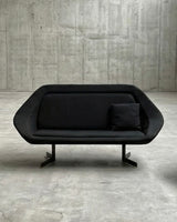 EXTRAORDINARY SEATING GROUP 2x SWIVEL CHAIR & 2-SEATER SOFA BLACK WOVEN FABRIC, 1960s