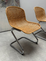 SET OF 6 GASTONE RINALDI RATTAN CANE CANTILEVER DINING CHAIRS WITH CHROMED TUBULAR STEEL FRAME, ITALY 1960s