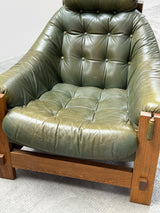 SET OF 2 GRAFTON EVEREST ARMCHAIRS OAK & GREEN LEATHER, SOUTH AFRICA 1970s