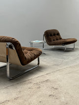 BROWN SUEDE & CANVAS LOUNGE CHAIRS IN CHROMED STEEL FRAME & COFFEE TABLE, 1960s
