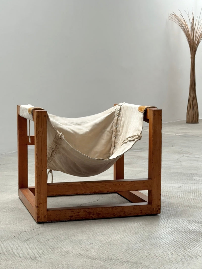 HEINZ WITTHOEFT „TAIL 4“ SCULPTURAL LOUNGE CHAIR, PINE WOOD CANVAS LEATHER, GERMANY 1950s