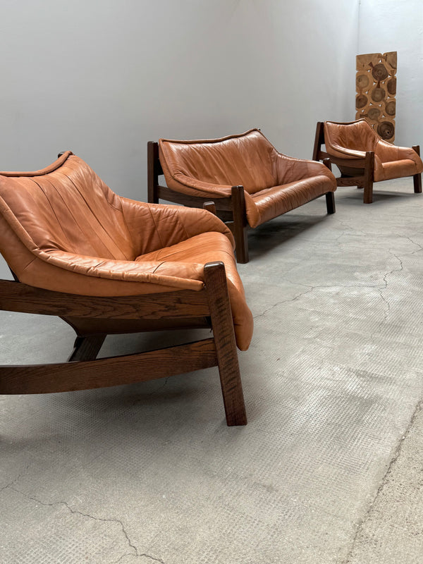 BRAZILIAN DESIGN ARMCHAIR & SOFA  OAK WOOD CAMEL LEATHER, 1970s