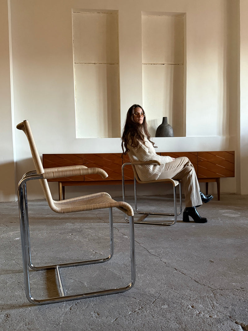 SET OF 2 TECTA D20 RATTAN TUBULAR STEEL CANTILEVER CHAIRS, GERMANY 1980s