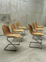 SET OF 6 RATTAN CANE CANTILEVER CHAIRS WITH CHROMED TUBULAR STEEL FRAME, ITALY 1970s
