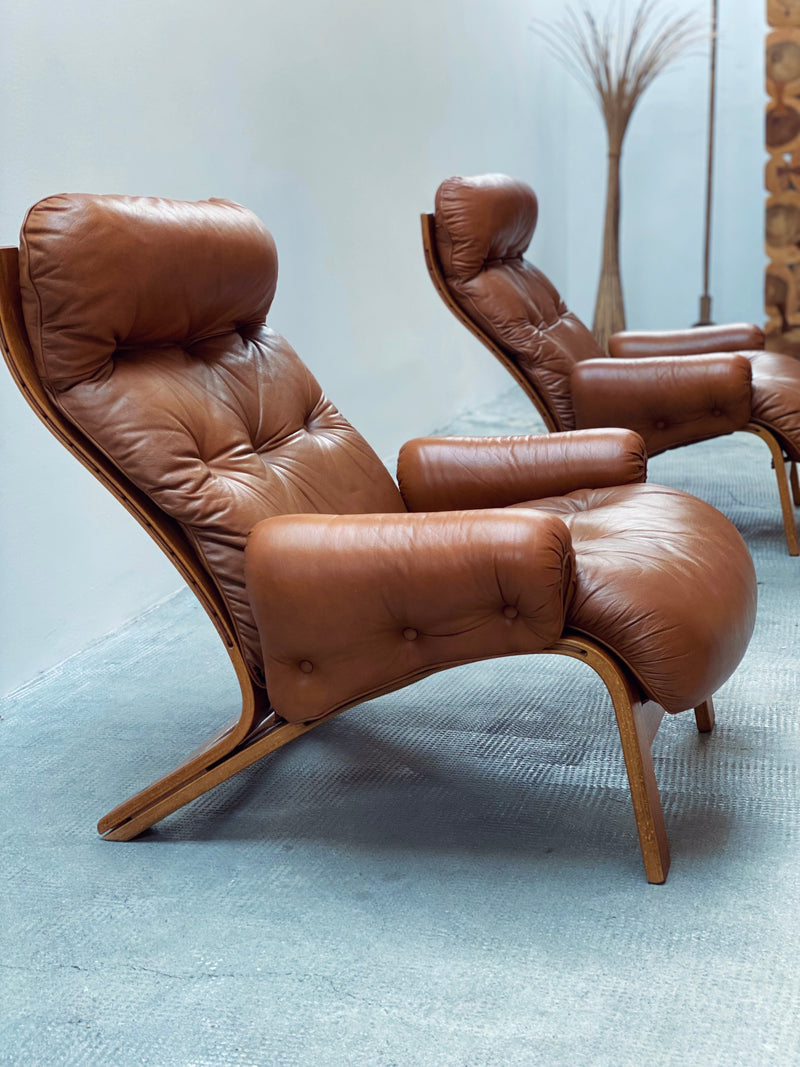 Elsa & Nordahl Solheim für Rykken & Co. Modular Sessel Sofa Sitzgruppe Teakholz Cognac Leder, Norwegen 1970er Jahre