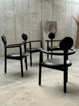 4 VICO MAGISTRETTI „PAN“ CHAIRS FOR ROSENTHAL ASH WOOD & BLACK LEATHER, 1980s