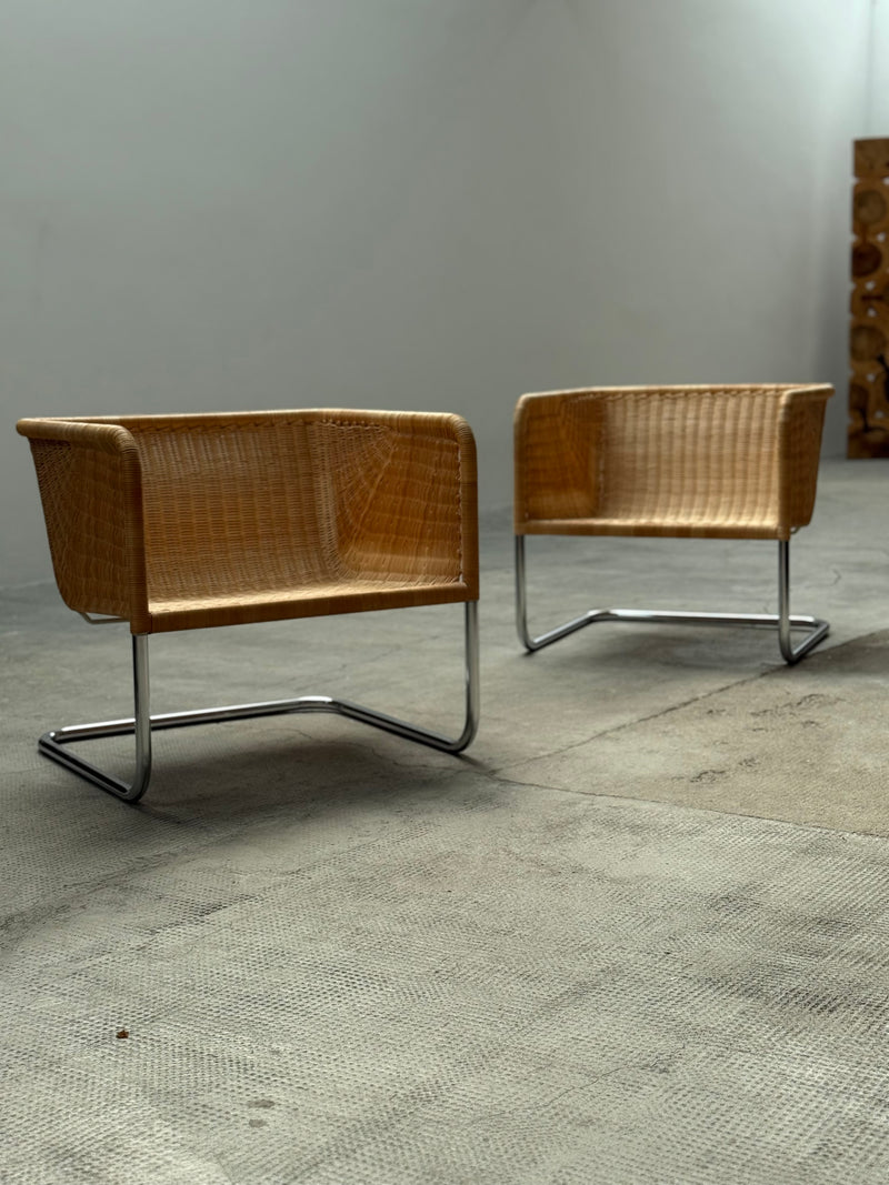 WILLIAM DUNKEL FOR TECTA „D44“ KRAGSTUHL CANTILEVER ARMCHAIRS RATTAN CHROME, GERMANY 1960s
