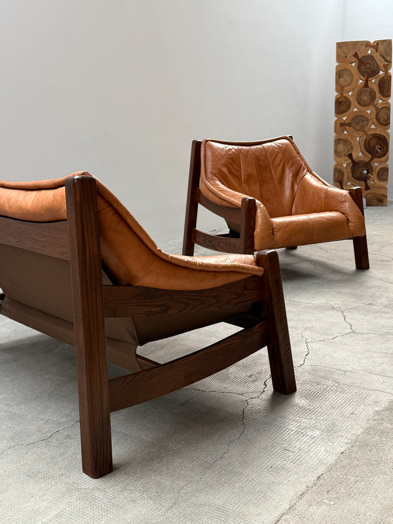 BRAZILIAN DESIGN ARMCHAIR & SOFA  OAK WOOD CAMEL LEATHER, 1970s