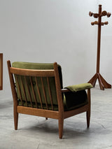 WILHELM KNOLL MODULAR ARMCHAIR COFFEE TABLE SET OAK GREEN VELVET CORDUROY, GERMANY 1960S