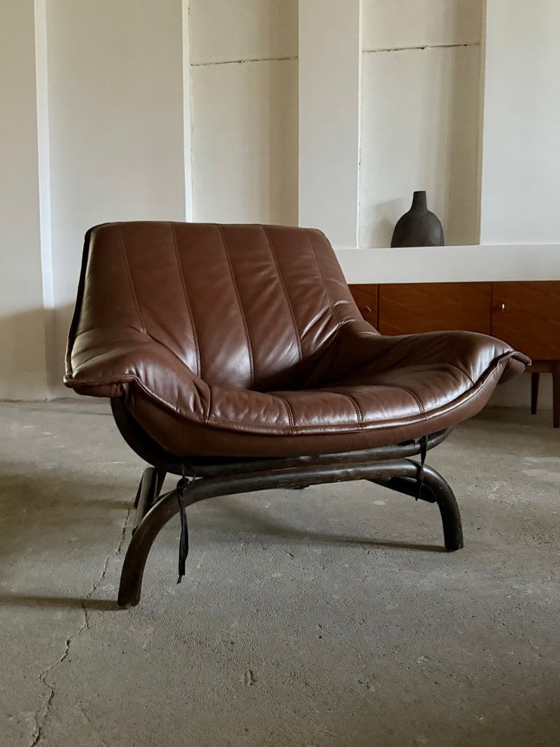 LARGE BAMBOO SOFA BROWN LEATHER 250cm, ITALY 1970s