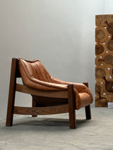 BRAZILIAN DESIGN ARMCHAIR & SOFA  OAK WOOD CAMEL LEATHER, 1970s