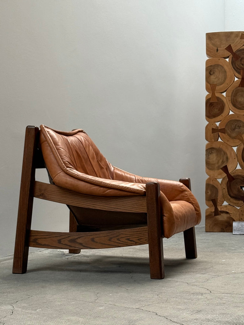 BRAZILIAN DESIGN ARMCHAIR & SOFA  OAK WOOD CAMEL LEATHER, 1970s