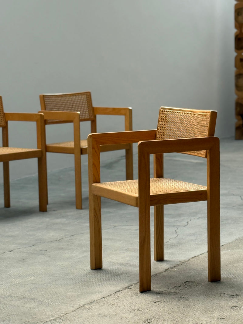 DERK JAN DE VRIES FOR MAISA DE SEVESO DINING TABLE & 4 CHAIRS SET ASH WOOD RATTAN, ITALY 1970S