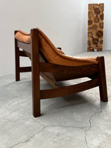 BRAZILIAN DESIGN ARMCHAIR & SOFA  OAK WOOD CAMEL LEATHER, 1970s