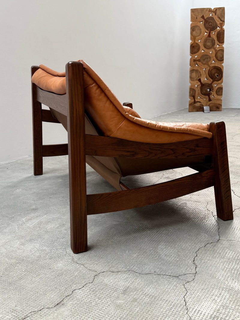 BRAZILIAN DESIGN ARMCHAIR & SOFA  OAK WOOD CAMEL LEATHER, 1970s