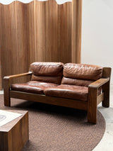 ROLF BENZ ARMCHAIR & SOFA SET OAK BROWN SADDLE LEATHER, GERMANY 1970s