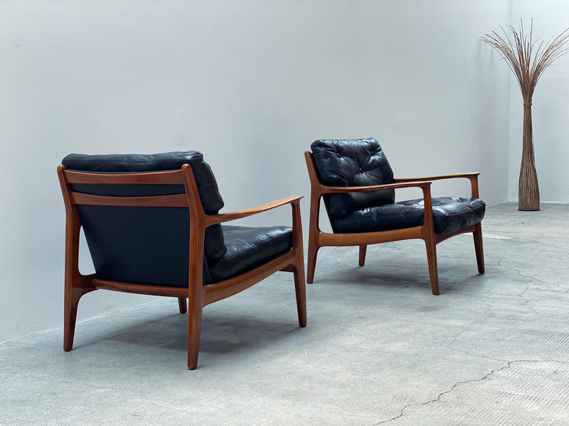 Eugen Schmidt für Soloform Deutschland 1960er Jahre Walnuss Holz Leder Daybed / Sofa & 2 Sessel Set