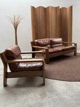 ROLF BENZ ARMCHAIR & SOFA SET OAK BROWN SADDLE LEATHER, GERMANY 1970s