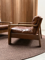 ROLF BENZ ARMCHAIR & SOFA SET OAK BROWN SADDLE LEATHER, GERMANY 1970s