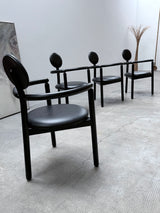4 VICO MAGISTRETTI „PAN“ CHAIRS FOR ROSENTHAL ASH WOOD & BLACK LEATHER, 1980s