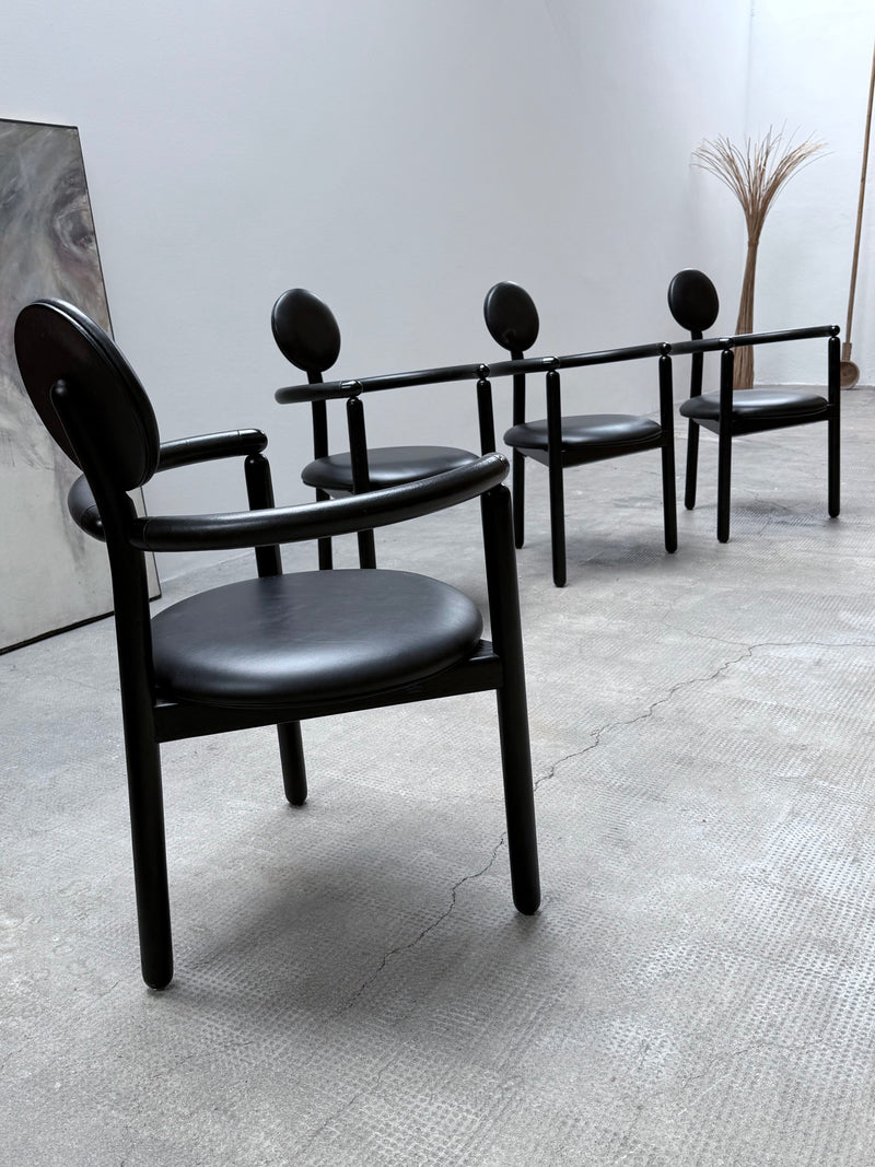4 VICO MAGISTRETTI „PAN“ CHAIRS FOR ROSENTHAL ASH WOOD & BLACK LEATHER, 1980s