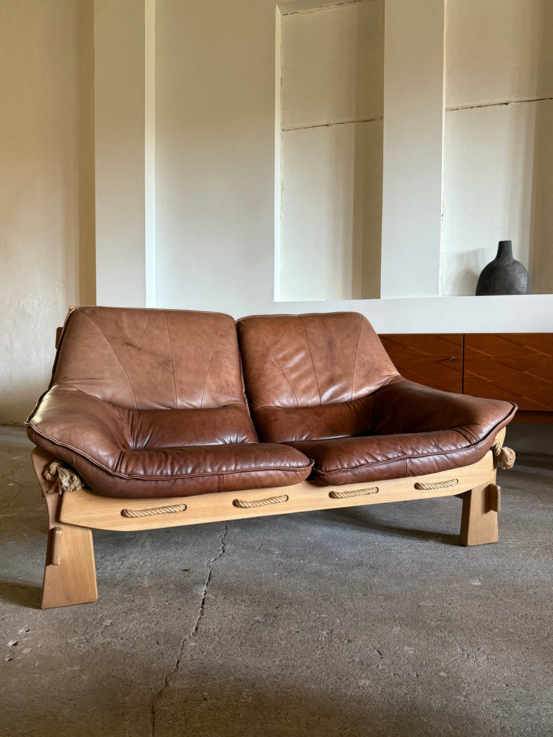 MAISON REGAIN ARMCHAIR, 2-SEATER & OTTOMAN SET LEATHER OAK WOOD, FRANCE 1960s