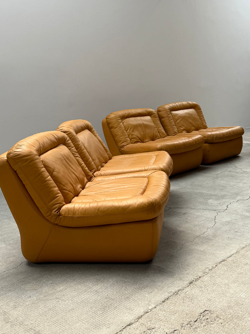 DREIPUNKT MODULAR SECTIONAL SOFA ARMCHAIRS LEATHER YELLOW, GERMANY 1970s