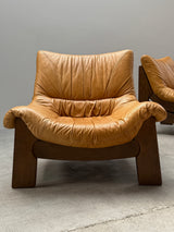 MAISON REGAIN LEATHER OAK ARMCHAIRS & SOFA, FRANCE 1970s