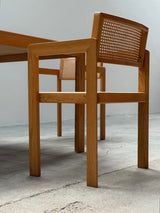 DERK JAN DE VRIES FOR MAISA DE SEVESO DINING TABLE & 4 CHAIRS SET ASH WOOD RATTAN, ITALY 1970S