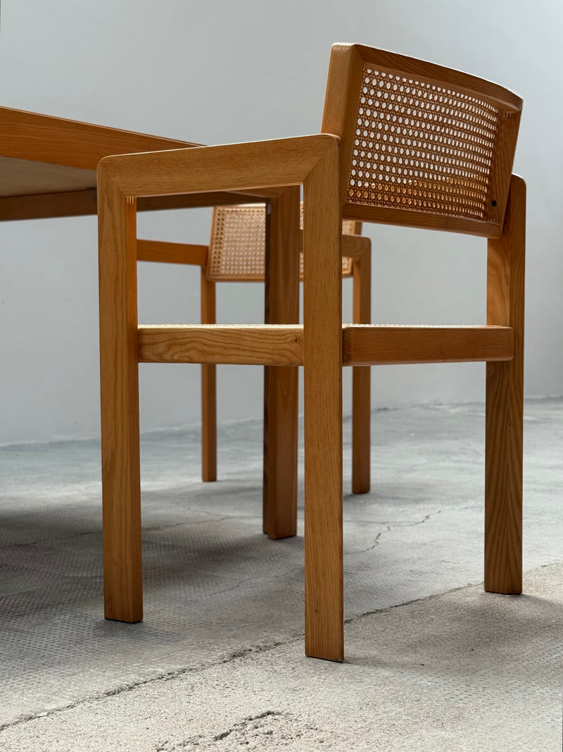 DERK JAN DE VRIES FOR MAISA DE SEVESO DINING TABLE & 4 CHAIRS SET ASH WOOD RATTAN, ITALY 1970S