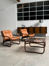 IKEA „BADEN“ BAMBOO COGNAC LEATHER SEATING GROUP 2 ARMCHAIRS, SOFA & COFFEE TABLE, SWEDEN 1970s