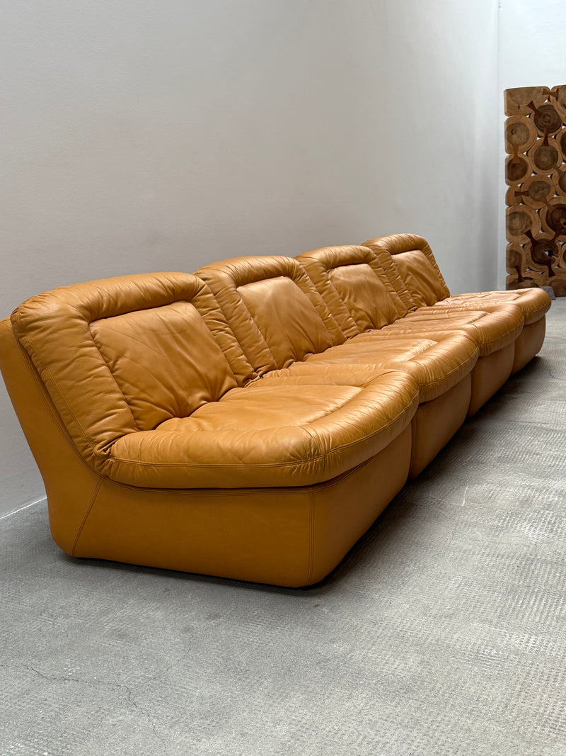 DREIPUNKT MODULAR SECTIONAL SOFA ARMCHAIRS LEATHER YELLOW, GERMANY 1970s