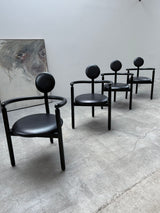 4 VICO MAGISTRETTI „PAN“ CHAIRS FOR ROSENTHAL ASH WOOD & BLACK LEATHER, 1980s