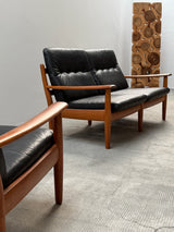 WILHELM KNOLL TEAK WOOD LEATHER BLACK ARMCHAIRS & 2-SEATER SOFA, GERMANY 1960s