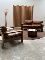 ROLF BENZ ARMCHAIR & SOFA SET OAK BROWN SADDLE LEATHER, GERMANY 1970s