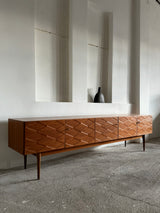 LARGE 3D ‚DIAMONDS‘ SIDEBOARD TEAK WOOD ANTHROPOSOPHIC LEGS 280cm, GERMANY 1960s