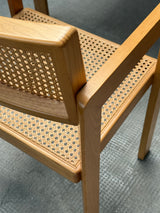 DERK JAN DE VRIES FOR MAISA DE SEVESO DINING TABLE & 4 CHAIRS SET ASH WOOD RATTAN, ITALY 1970S