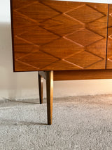 LARGE 3D ‚DIAMONDS‘ SIDEBOARD TEAK WOOD ANTHROPOSOPHIC LEGS 280cm, GERMANY 1960s