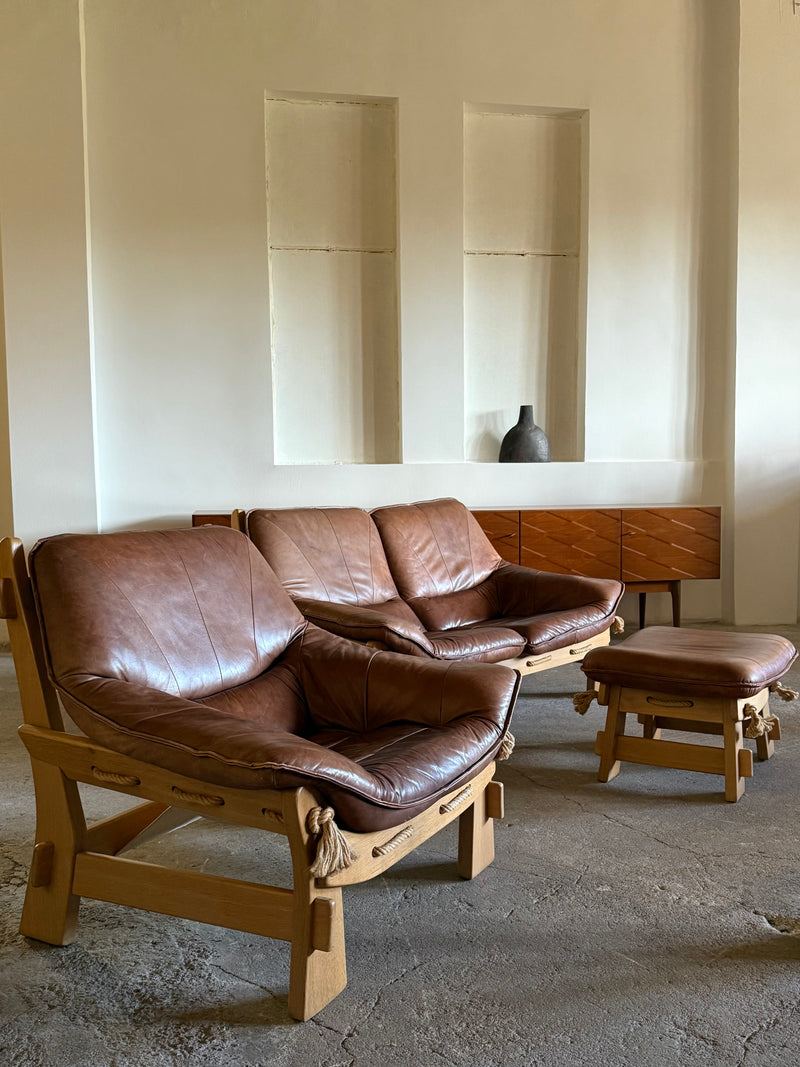 MAISON REGAIN ARMCHAIR, 2-SEATER & OTTOMAN SET LEATHER OAK WOOD, FRANCE 1960s