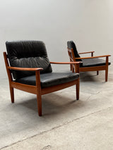 WILHELM KNOLL TEAK WOOD LEATHER BLACK ARMCHAIRS & 2-SEATER SOFA, GERMANY 1960s