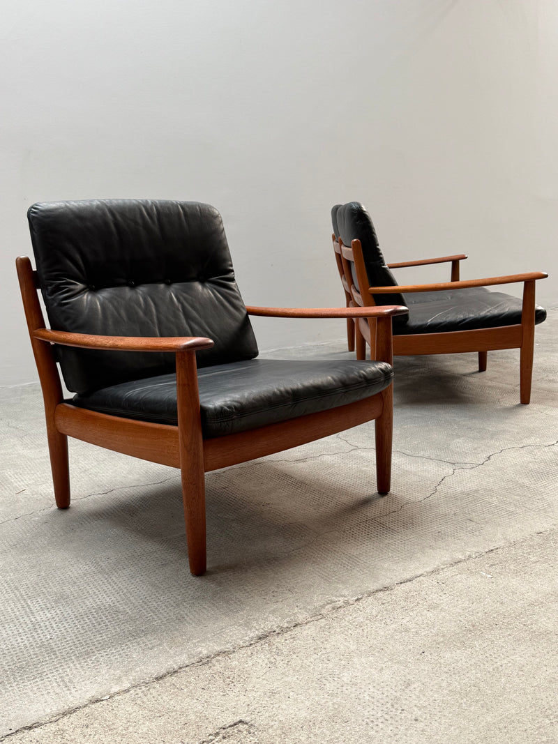 WILHELM KNOLL TEAK WOOD LEATHER BLACK ARMCHAIRS & 2-SEATER SOFA, GERMANY 1960s