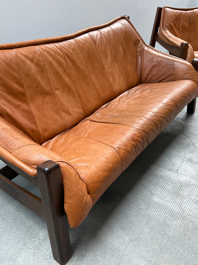 BRAZILIAN DESIGN ARMCHAIR & SOFA  OAK WOOD CAMEL LEATHER, 1970s