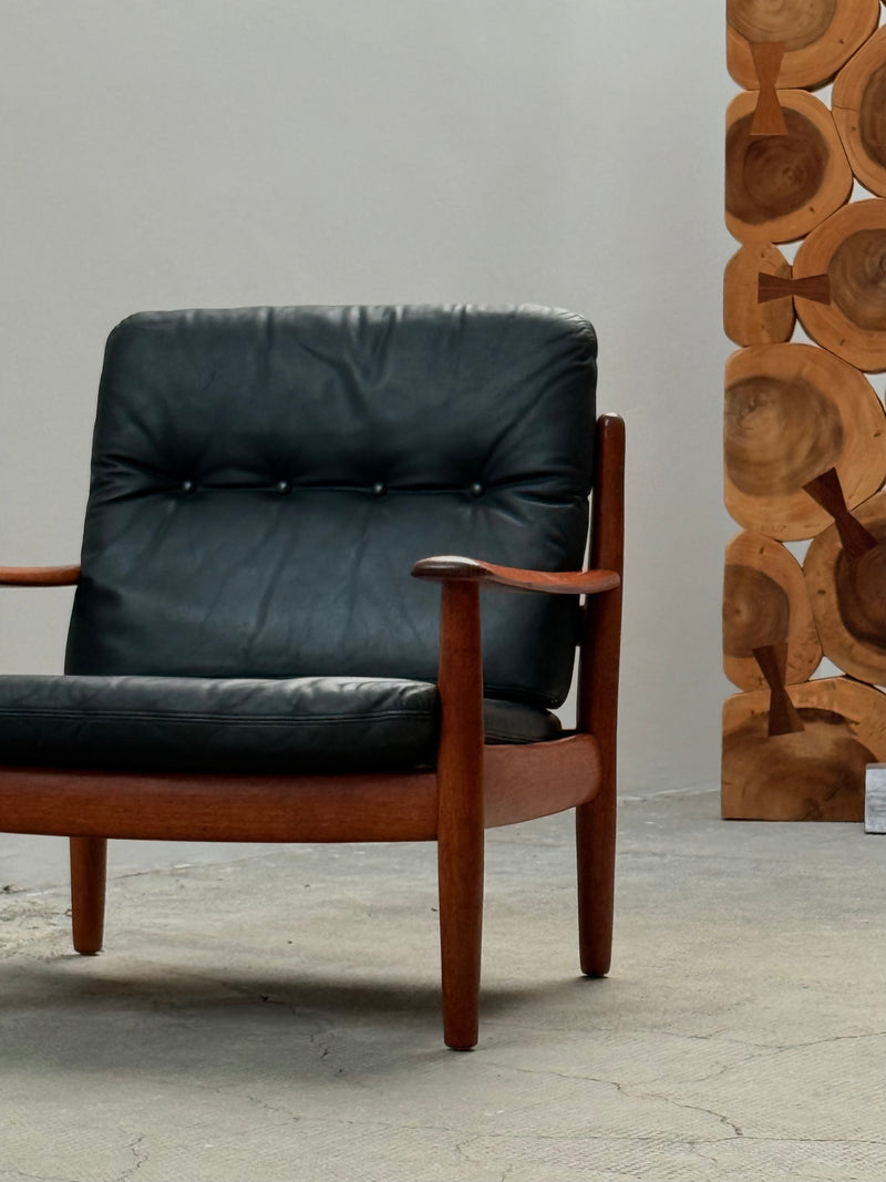 WILHELM KNOLL TEAK WOOD LEATHER BLACK ARMCHAIRS & 2-SEATER SOFA, GERMANY 1960s