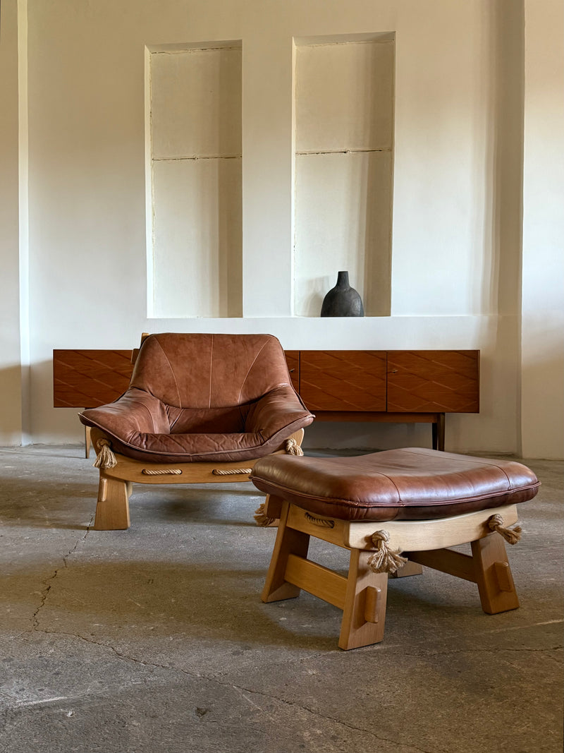 MAISON REGAIN ARMCHAIR, 2-SEATER & OTTOMAN SET LEATHER OAK WOOD, FRANCE 1960s